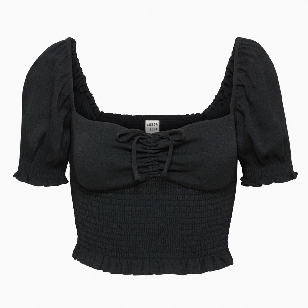 Aritzia Sunday Best Sinatra Blouse - Black Smocked Puff-sleeve Top